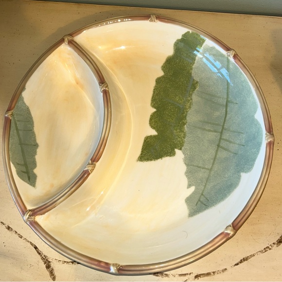 Clay Art Hand Painted Bamboo Palm Leaves Large Round 2 Section Serving Platter - Picture 1 of 6